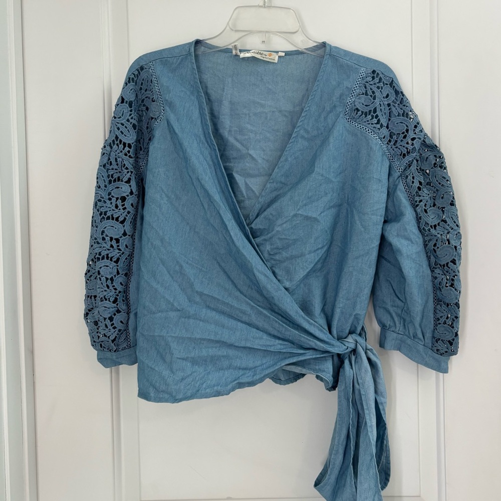 Available by Angela Fashion Blue Wrap Blouse with Lace Detail Side Tie